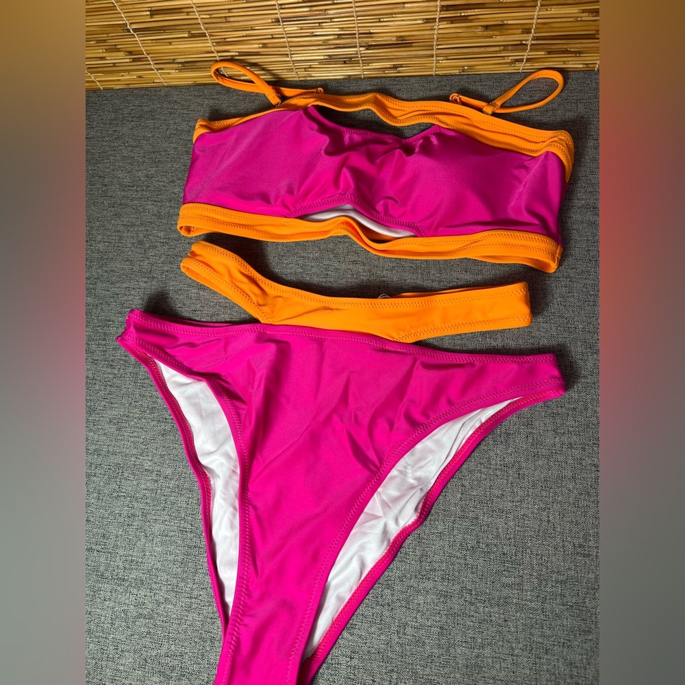 Live Life on the Beach Pink Orange Colorblock Cutout Bikini Set Size L NEW
